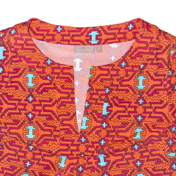 Ellie Kai XS Orange Turquoise Southwestern Geometric Stretch PERFORMANCE Dress - Picture 6 of 10